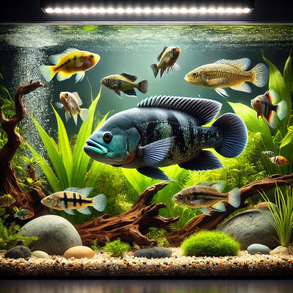 "Healthy Oscar fish swimming peacefully with compatible tank mates in large aquarium"