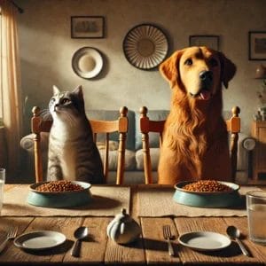 A dog and cat sitting at the table having dinner