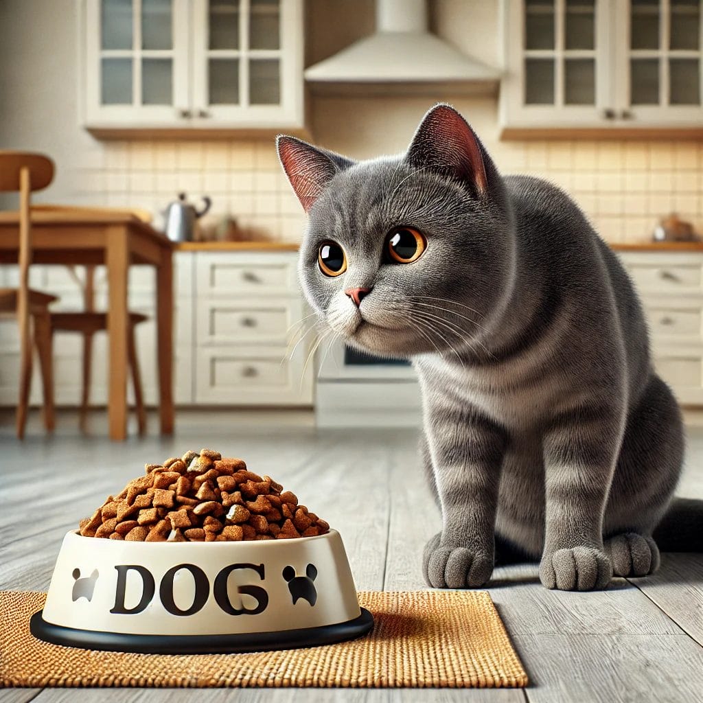 Cat curiously examining dog food while owner shows concern