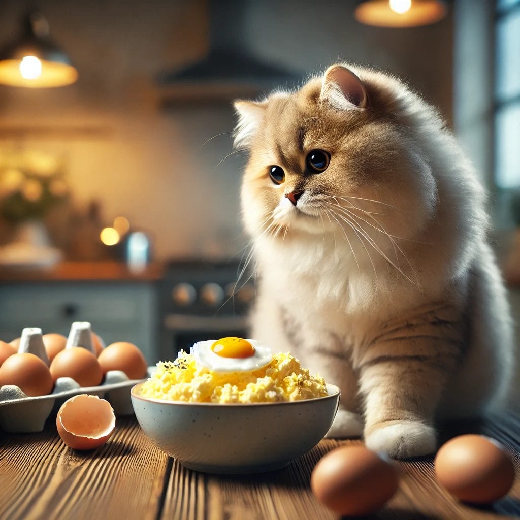 Cat watching safely prepared eggs being served in appropriate portion size