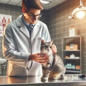 A cat being examined by a vet